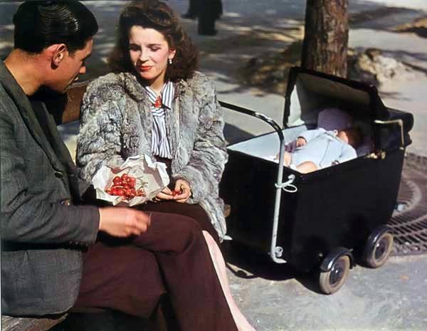 Uma jovem família, incluindo um homem em idade normal de recrutamento, está sentada ao sol comendo cerejas.